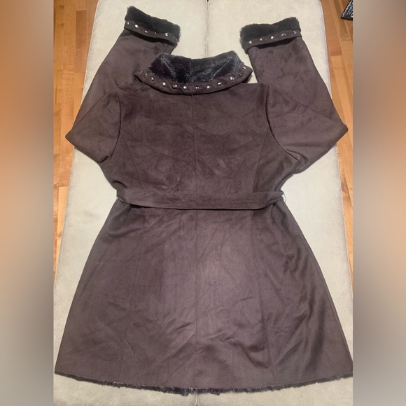 Dennis By Dennis Basso Women Brown Soft Suede Faux Fur Lined Studded Coat Small - Picture 7 of 9